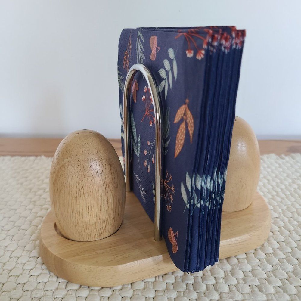 NWOT Metal and Solid Wood Egg-Shaped Salt And Pepper Shakers With Napkin Holder - Picture 2 of 12